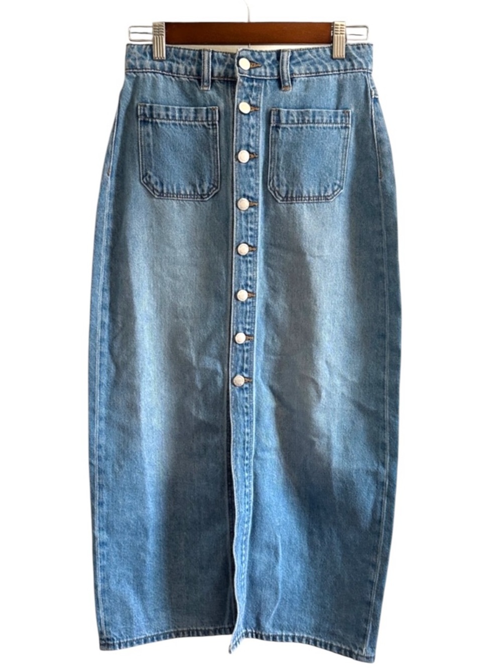Revolve Rollas Sailor Denim Maxi Blue Jean Skirt Buttons 100% Cotton Sz 25 NWOT